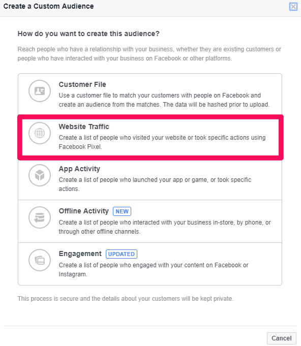 Create a custom audience Facebook prompt