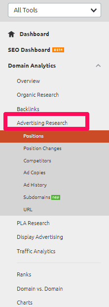 advertising research on semrush