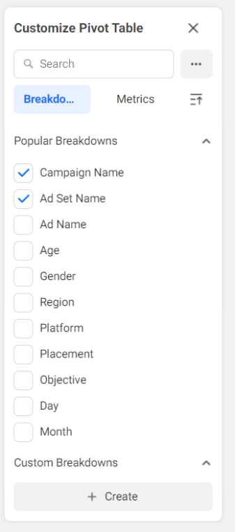 Pivot table customization options in Facebook Ads Manager