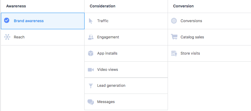 facaebook campaign objectives brand awareness