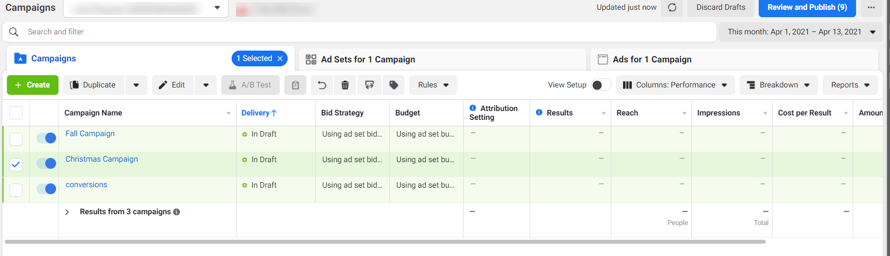 Campaign reporting dashboard in Facebook Ads Manager