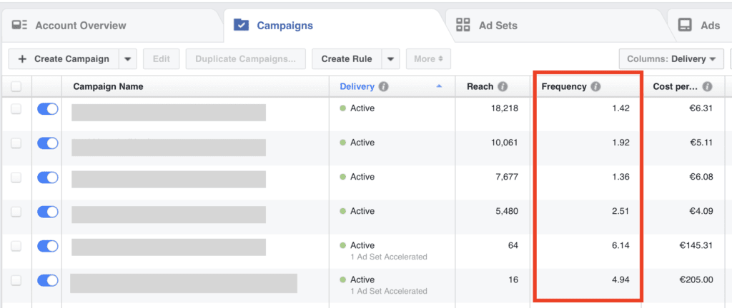 Facebook ad campaign dashboard highlighting frequency