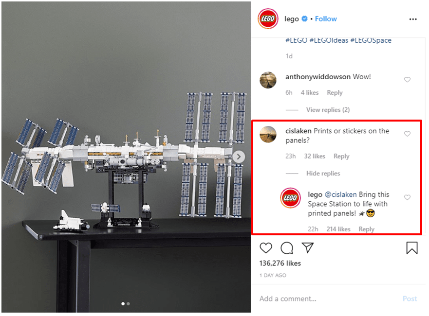 Lego answers user questions on their post