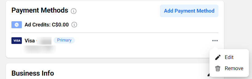 Payment Methods screen in Facebook Business Manager