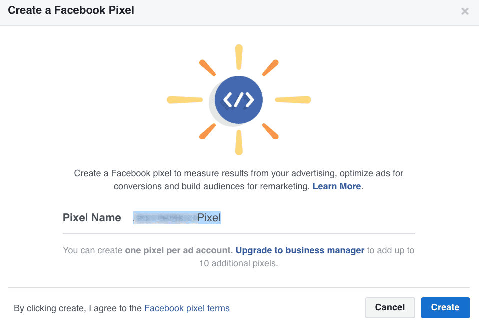 "Create a Pixel" page requiring you to name your Facebook pixel 