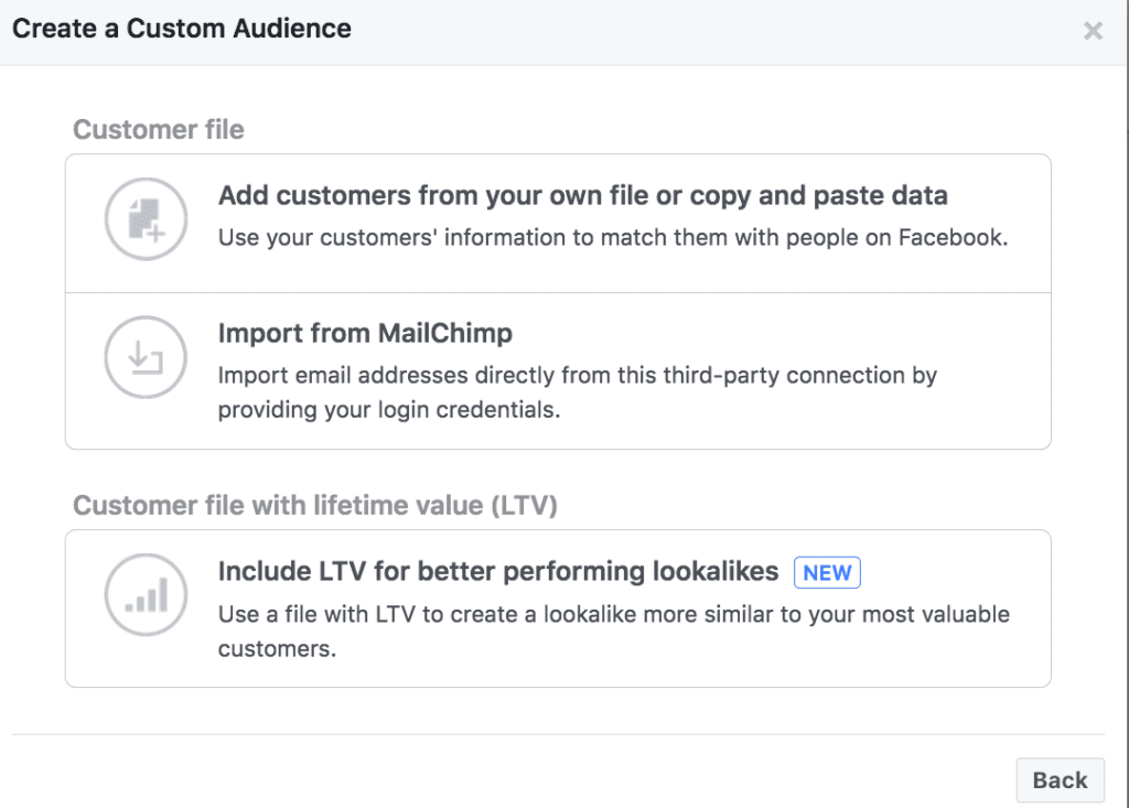 Facebook's "create a custom audience" screen 