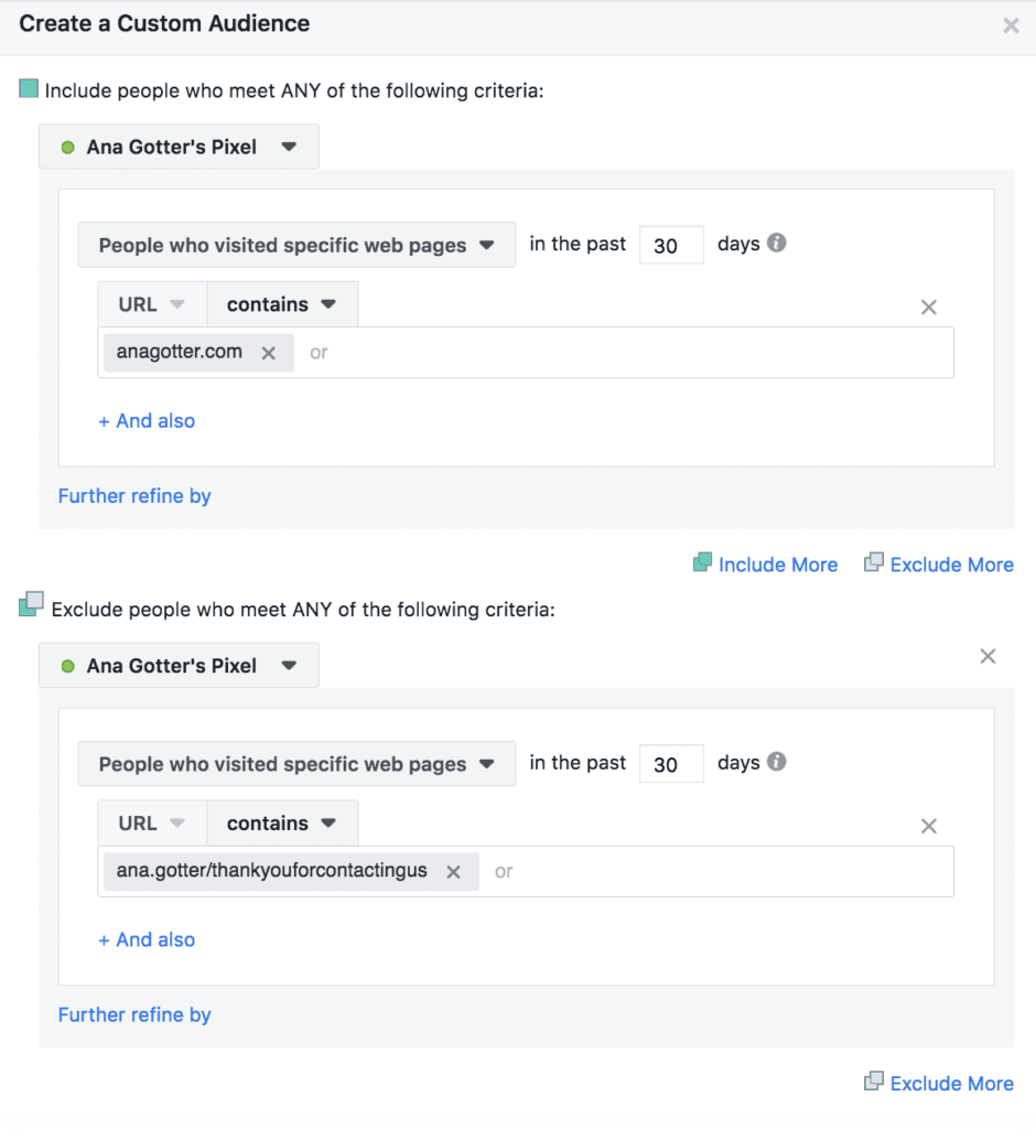 Exclusionary Facebook ad retargeting options 