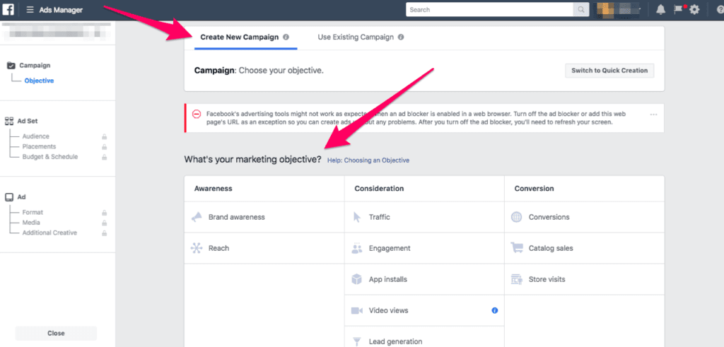 Screenshot: create a New Campaign and select your Marketing Objectives.