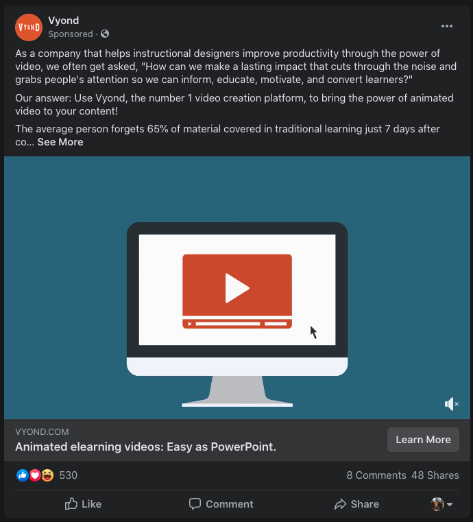 Screenshot of a Facebook video ad from Vyond