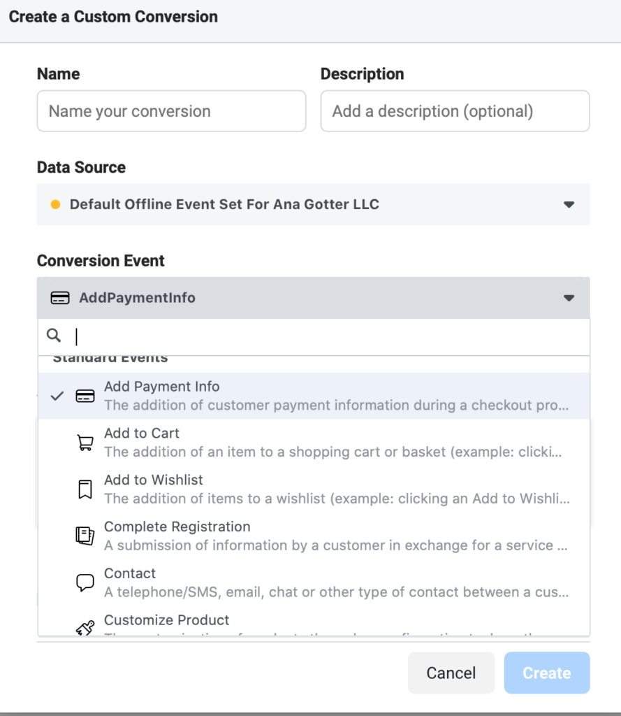 Facebook conversion custom events 