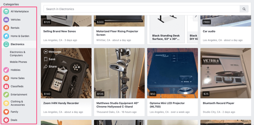 Facebook Marketplace categories