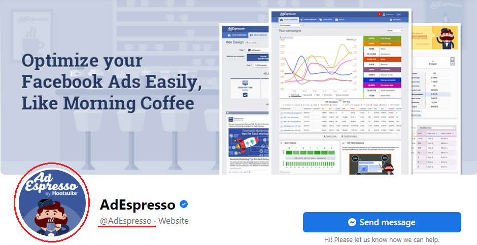 AdEspresso Facebook page: profile image, background image