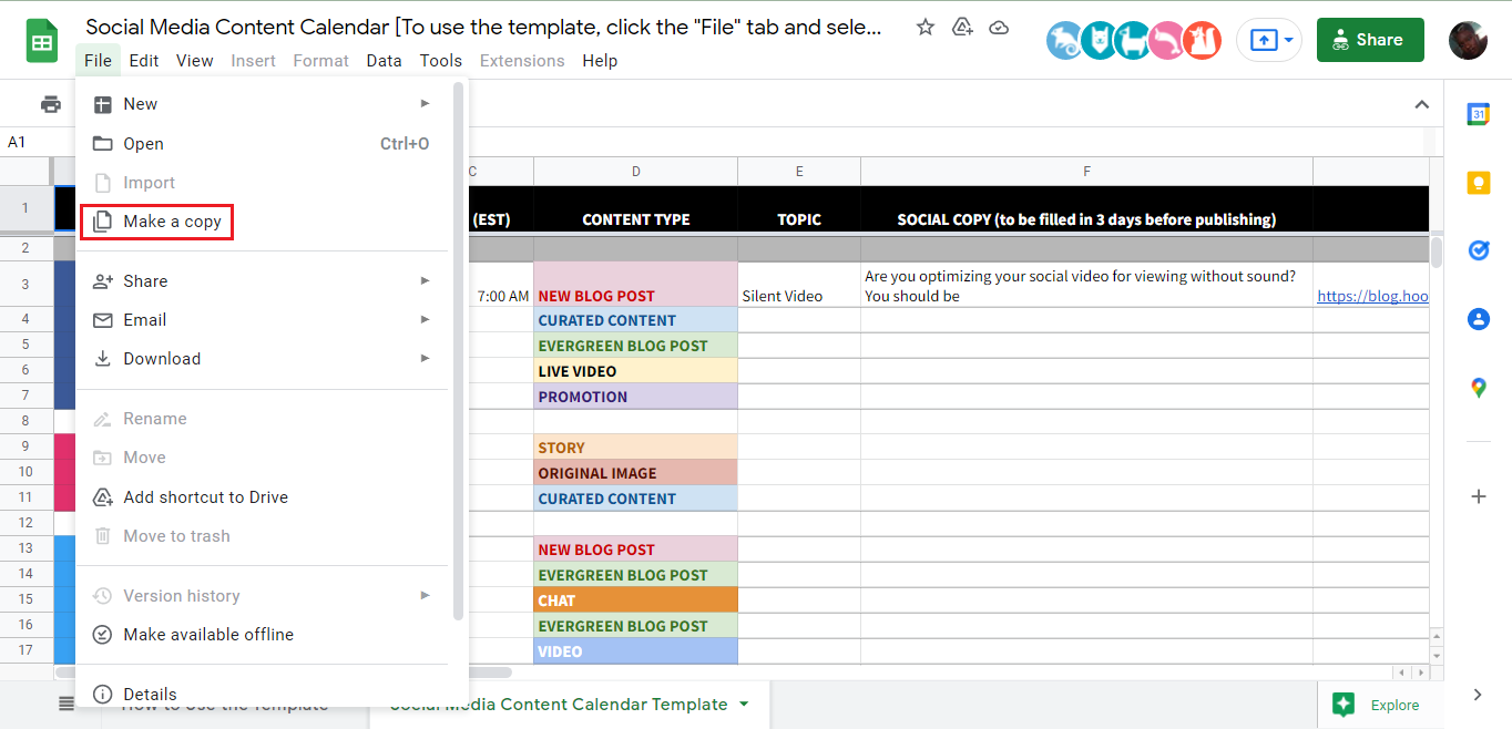 Social media content calendar template