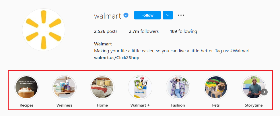 Instagram Story highlight covers on Walmart's Instagram page